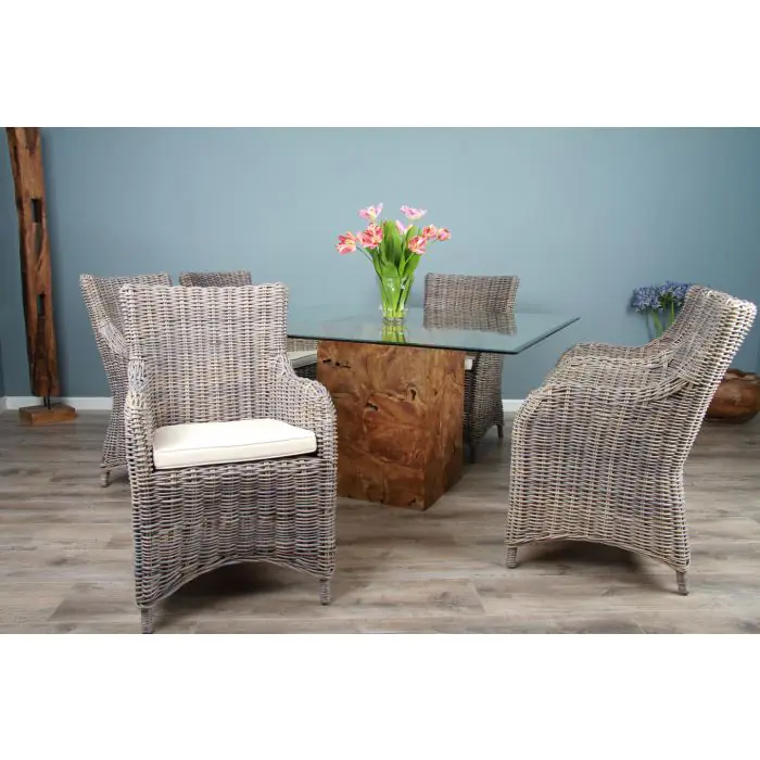1.4 Reclaimed Teak Root Square Block Dining Table with 6 Donna Armchairs  - 0