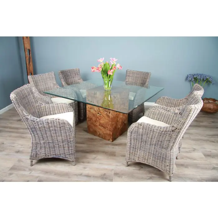 1.4 Reclaimed Teak Root Square Block Dining Table with 6 Donna Armchairs  - 1
