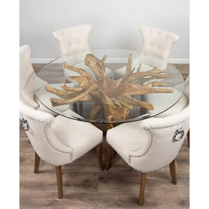 1.5m Reclaimed Teak Root Circular Dining Table with 6 Natural Windsor Ring Back Dining Chairs - 5