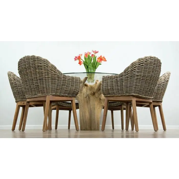 1.5m Reclaimed Teak Flute Root Circular Dining Table with 6 Scandi Armchairs  - 4