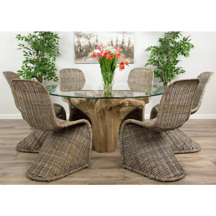 1.5m Reclaimed Teak Flute Root Circular Dining Table with 6 Stackable Zorro Chairs - 0