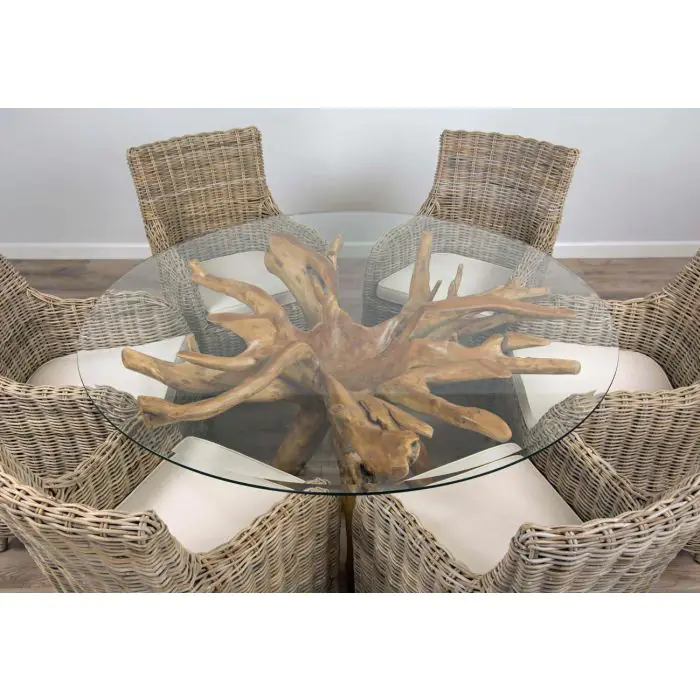 1.5m Reclaimed Teak Root Circular Dining Table with 6 Donna Armchairs - 1