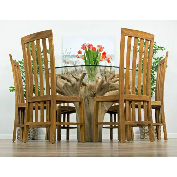 1.5m Reclaimed Teak Flute Root Circular Dining Table with 6 Santos Chairs - 2