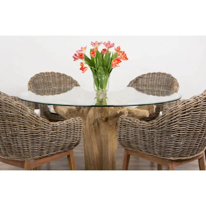 1.5m Reclaimed Teak Flute Root Circular Dining Table with 6 Scandi Armchairs  - 5