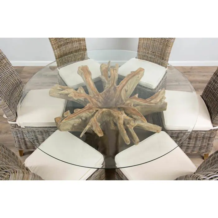 1.5m Reclaimed Teak Flute Root Circular Dining Table with 6 Latifa Chairs - 3