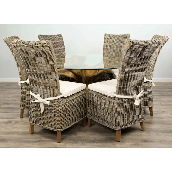 1.5m Reclaimed Teak Root Circular Dining Table with 6 Latifa Chairs  - 1
