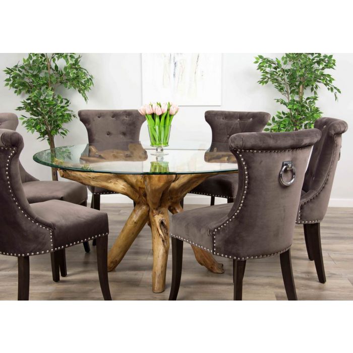 1.5m Reclaimed Teak Root Circular Dining Table with 6 Velveteen Ring