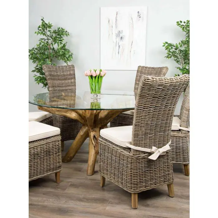 1.5m Reclaimed Teak Root Circular Dining Table with 6 Latifa Chairs  - 3