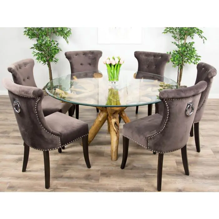 1.5m Reclaimed Teak Root Circular Dining Table with 6 Velveteen Ring Back Dining Chairs - 3