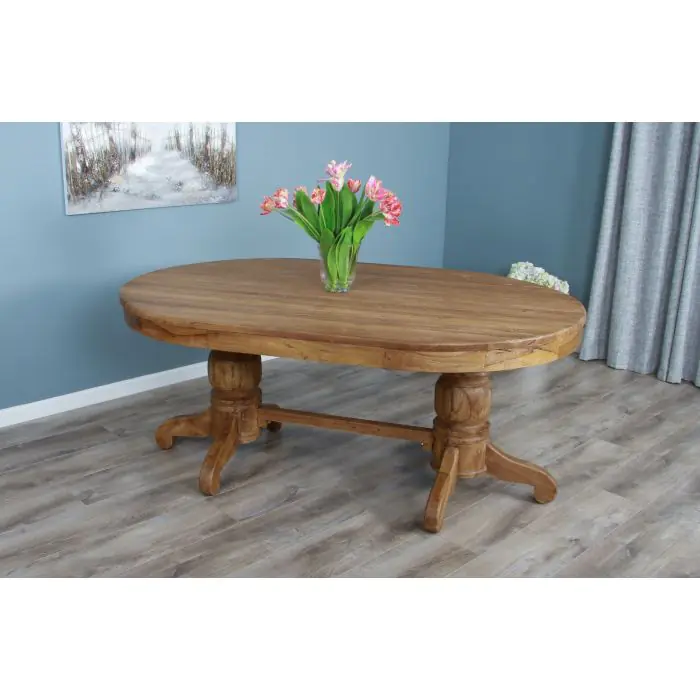 1.8m Reclaimed Teak Oval Pedestal Dining Table with 6 Windsor Ring Back Chairs  - 7