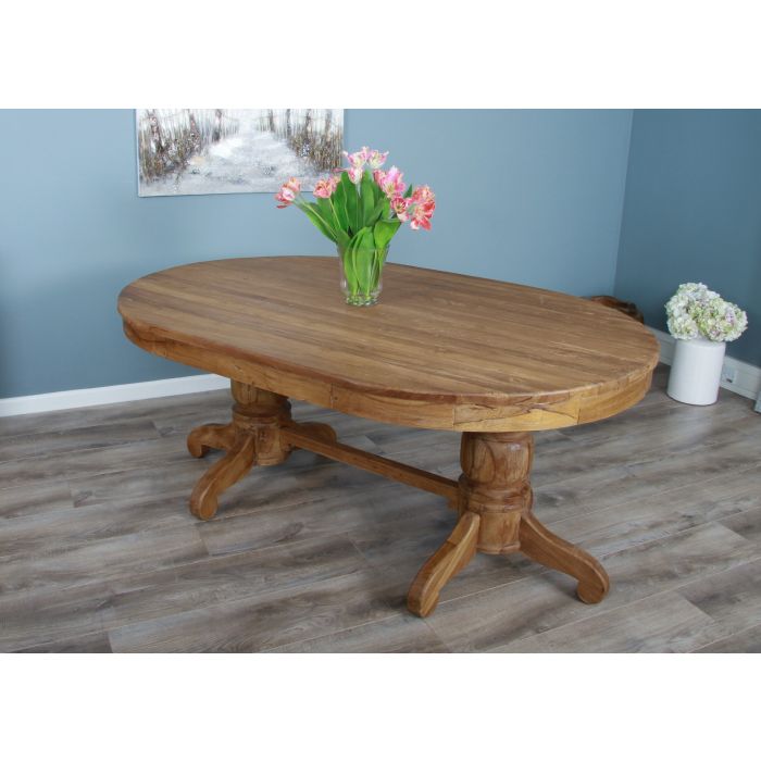 1.8m Reclaimed Teak Oval Pedestal Dining Table Sustainable Furniture