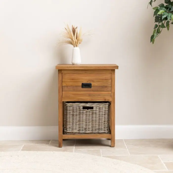Reclaimed Teak Storage Unit with 1 Drawer and 1 Wicker Basket - Rectangular - 1
