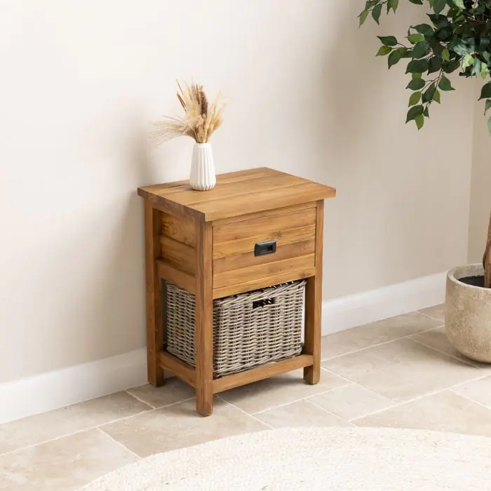 Reclaimed Teak Storage Unit with 1 Drawer and 1 Wicker Basket - Rectangular - 2