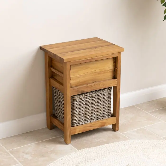 Reclaimed Teak Storage Unit with 1 Drawer and 1 Wicker Basket - Rectangular - 5