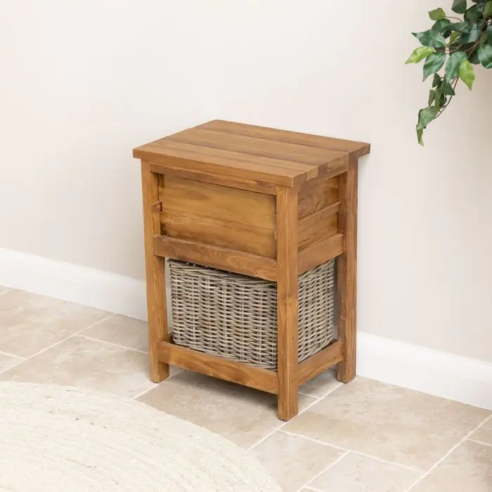Reclaimed Teak Storage Unit with 1 Drawer and 1 Wicker Basket - Rectangular - 6