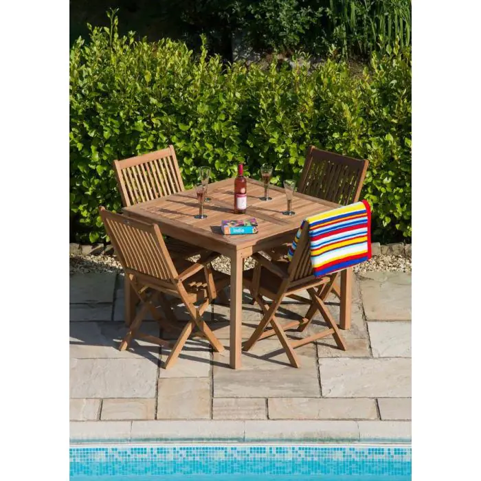 1m Teak Square Fixed Table with 4 Kiffa Folding Armchairs - 2