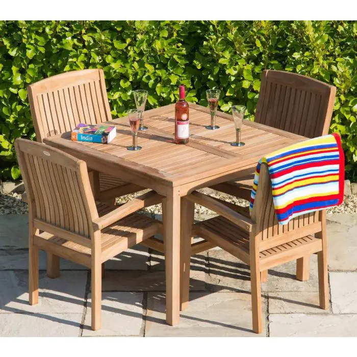 1m Teak Square Fixed Table with 4 Marley Chairs - 8