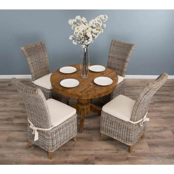1m Reclaimed Teak Circular Pedestal Dining Table with 4 Latifa Dining Chairs - 1