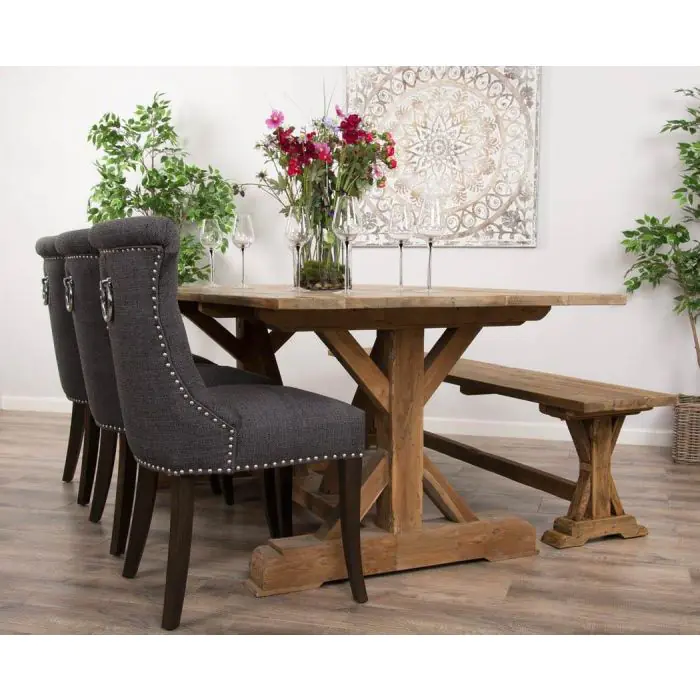 2m Reclaimed Teak Refectory Dining Table with 1 Backless Bench & 3 Windsor Ring Back Chairs    - 1