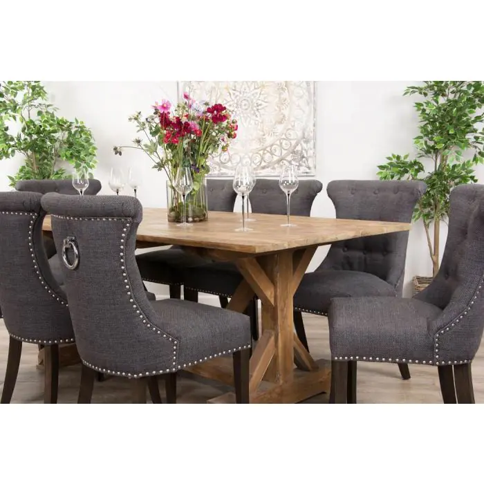 2m Reclaimed Teak Refectory Dining Table with 8 Dove Grey Windsor Ring Back Chairs    - 2