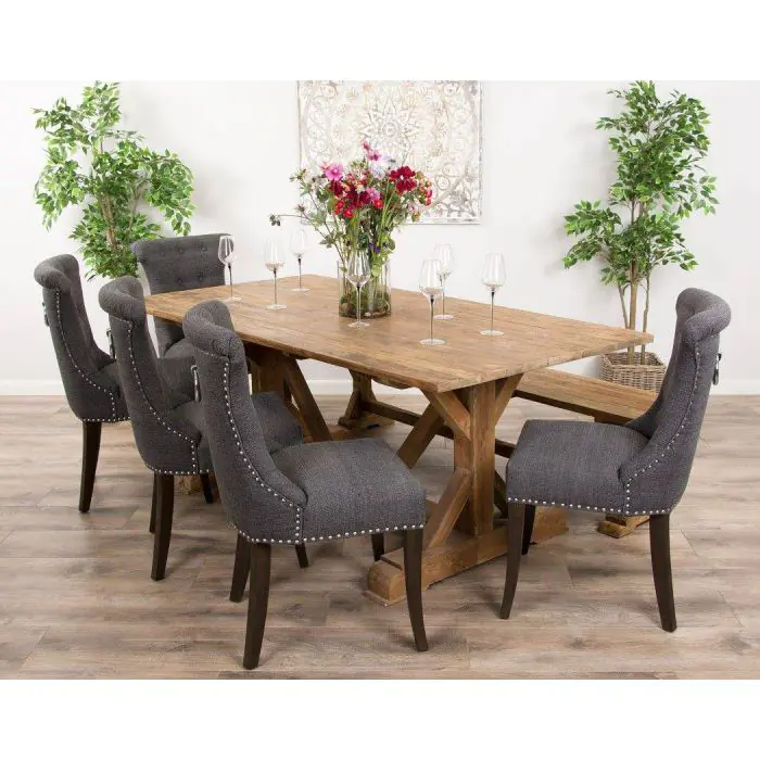 2m Reclaimed Teak Refectory Dining Table with 1 Backless Bench & 5 Windsor Ring Back Chairs    - 1