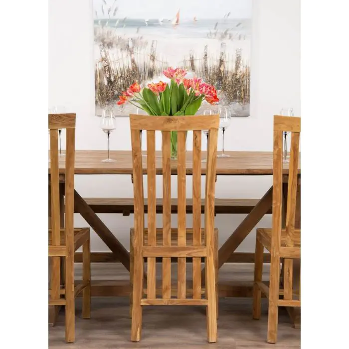 2m Reclaimed Teak Refectory Dining Table with 1 Backless Bench & 5 Santos Chairs    - 3