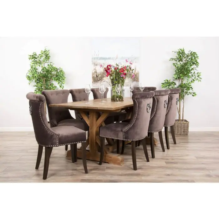 2m Reclaimed Teak Refectory Dining Table with 8 Velvet Ring Back Chairs    - 1