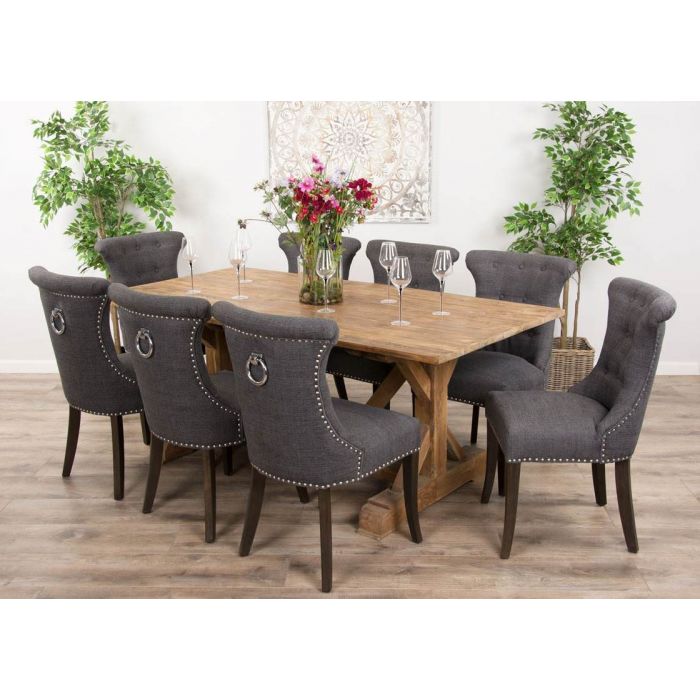 2m Reclaimed Teak Dinklik Table with Eight Dove Grey Windsor Ring