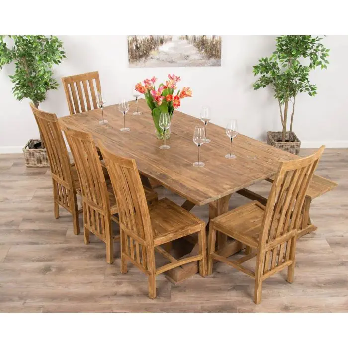 2m Reclaimed Teak Refectory Dining Table with 1 Backless Bench & 5 Santos Chairs    - 1