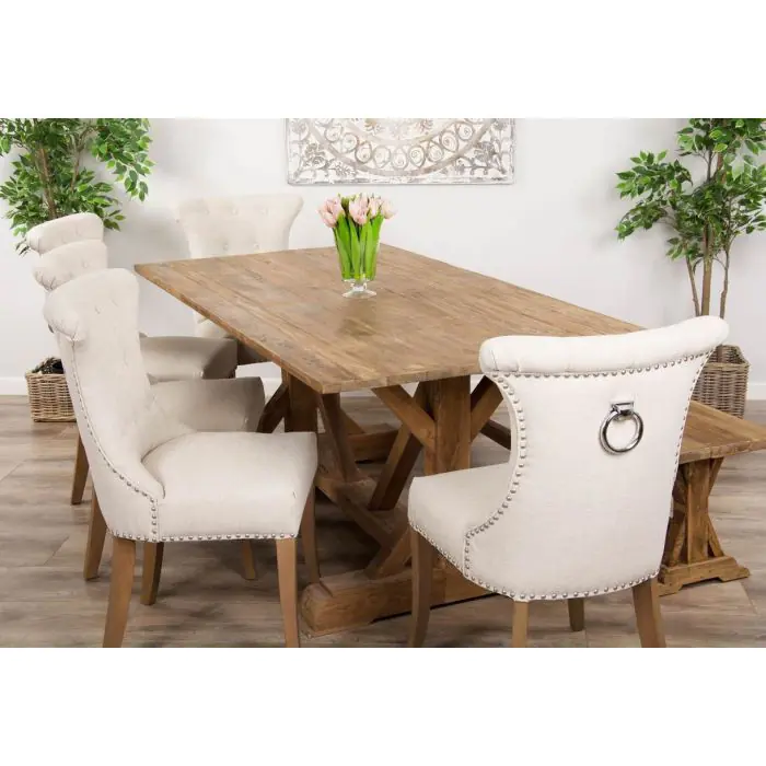 2m Reclaimed Teak Refectory Dining Table with 1 Backless Bench & 5 Windsor Ring Back Chairs    - 1