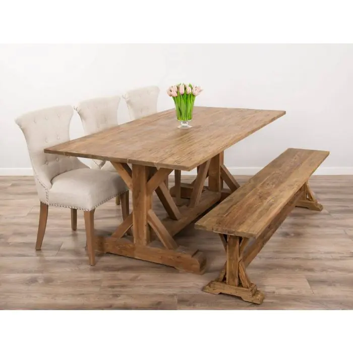 2m Reclaimed Teak Refectory Dining Table with 1 Backless Bench & 3 Windsor Ring Back Chairs    - 2