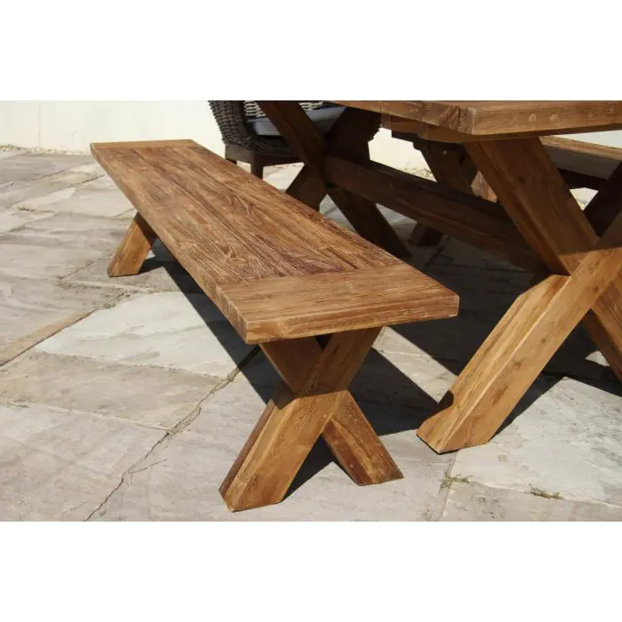 2m Reclaimed Teak Outdoor Open Slatted Cross Leg Table with 2 Backless Benches & 2 Scandi Armchairs - 10