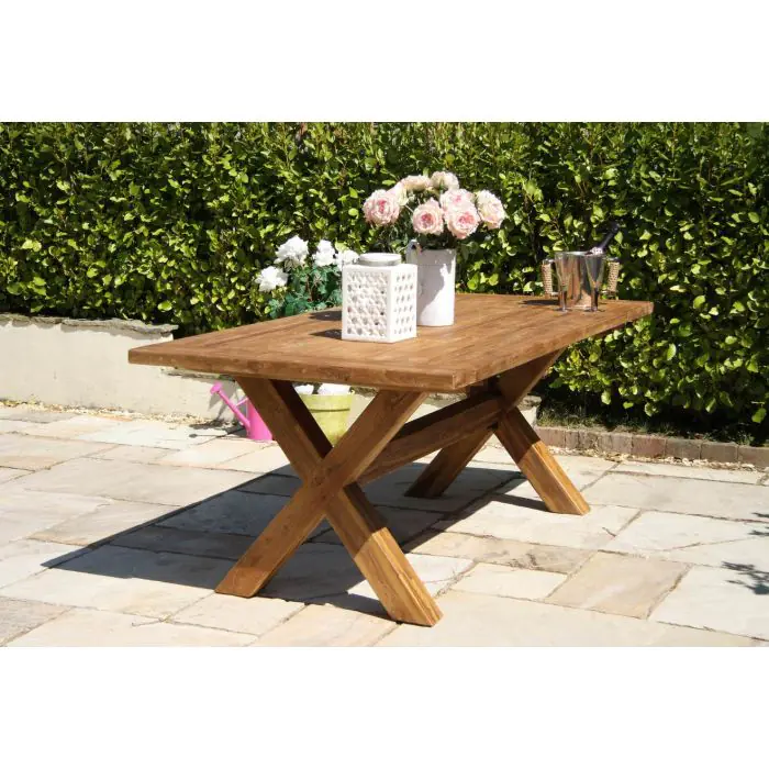 2m Reclaimed Teak Outdoor Open Slatted Cross Leg Table - 1