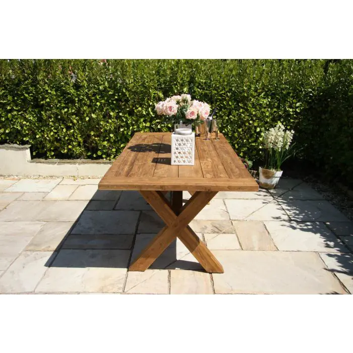 2m Reclaimed Teak Outdoor Open Slatted Cross Leg Table with 8 Latifa Chairs - 7