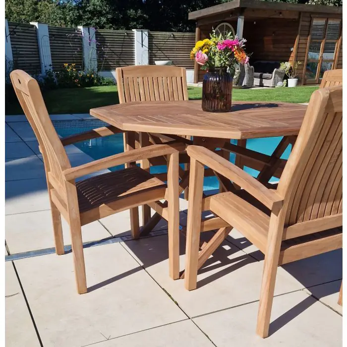 1.2m Teak Octagonal Folding Table with 4 Marley Chairs / Armchairs - 3