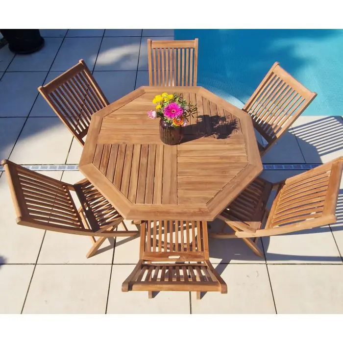 1.2m Teak Octagonal Folding Table with 6 Kiffa Folding Chairs / Armchairs - 3