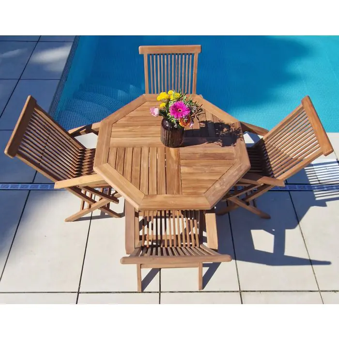 1m Teak Octagonal Folding Table with 4 Classic Folding Chairs / Armchairs - 5