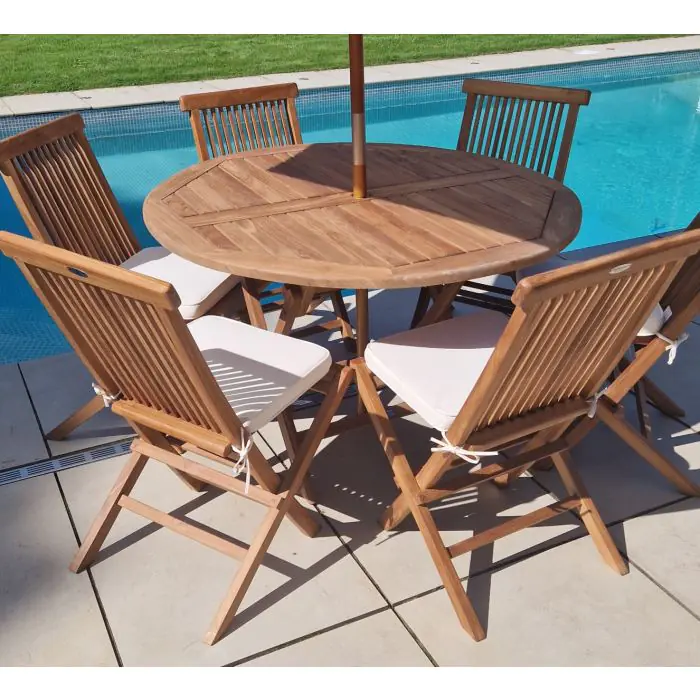 1.2m Teak Circular Folding Table with 6 Classic Folding Chairs  - 5
