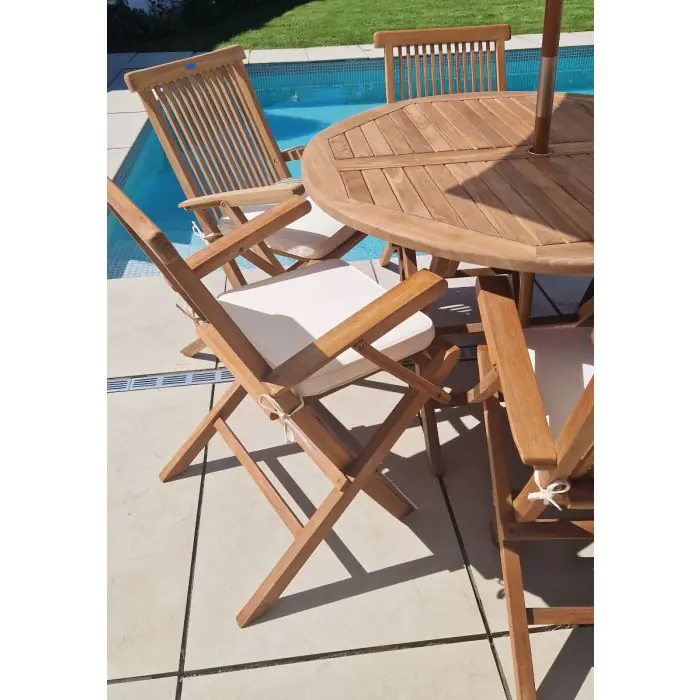 1.2m Teak Circular Folding Table with 6 Classic Folding Armchairs  - 3