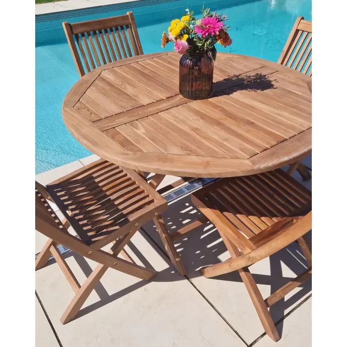 1.2m Teak Circular Folding Table with 4 Kiffa Folding Chairs - 1