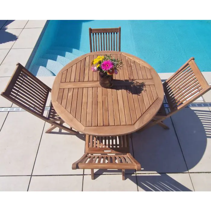 1.2m Teak Circular Folding Table with 4 Kiffa Folding Chairs - 2