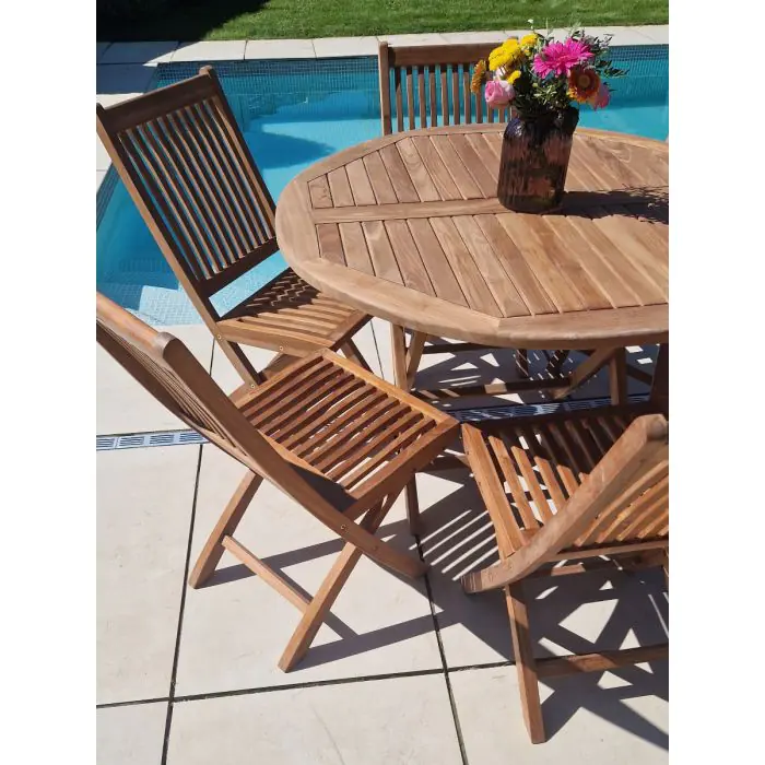 1.2m Teak Circular Folding Table with 6 Kiffa Folding Chairs / Armchairs - 1