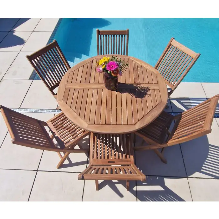 1.2m Teak Circular Folding Table with 6 Kiffa Folding Chairs / Armchairs - 2