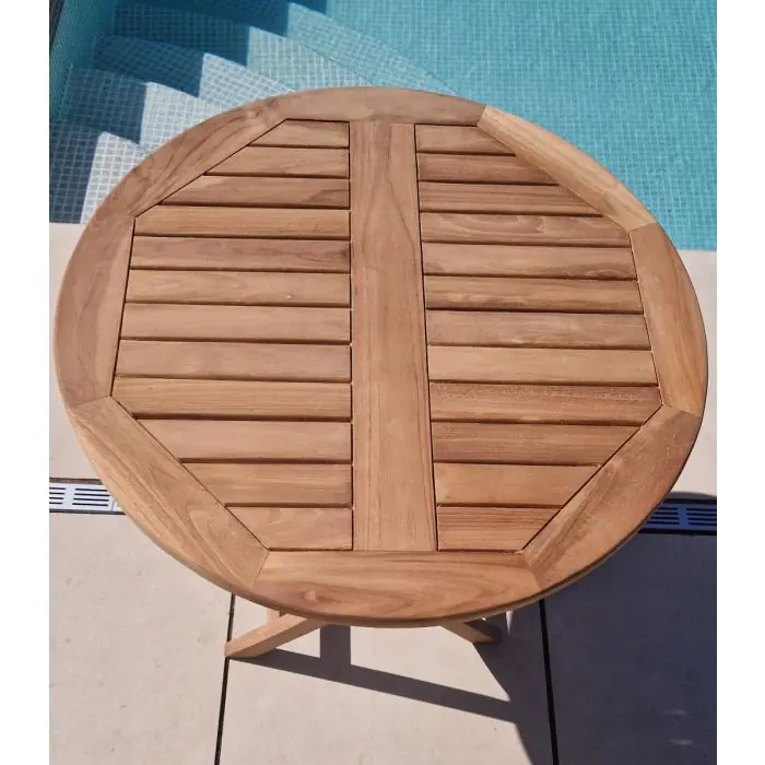 80cm Teak Circular Folding Table with 2 Kiffa Folding Chairs / Armchairs - 8