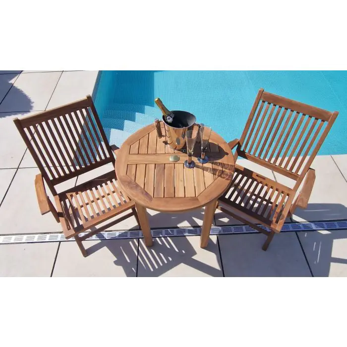 70cm Teak Circular Fixed Table with 2 Kiffa Folding Chairs / Armchairs - 6