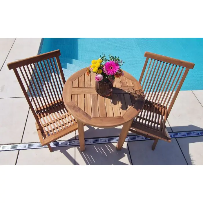 70cm Teak Circular Fixed Table with 2 Classic Folding Chairs / Armchairs - 2