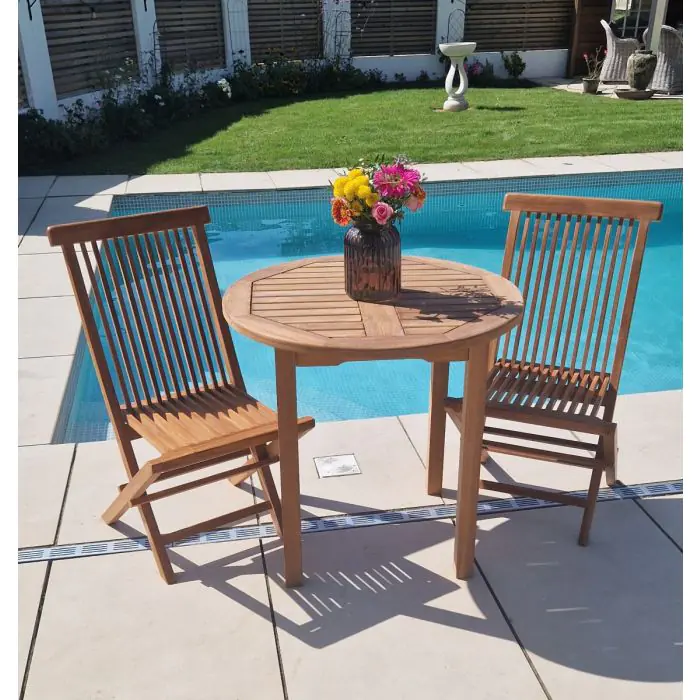 80cm Teak Circular Fixed Table with 2 Classic Folding Chairs - 1