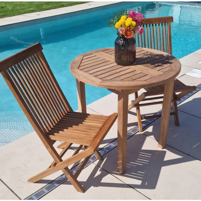 80cm Teak Circular Fixed Table with 2 Classic Folding Chairs - 2