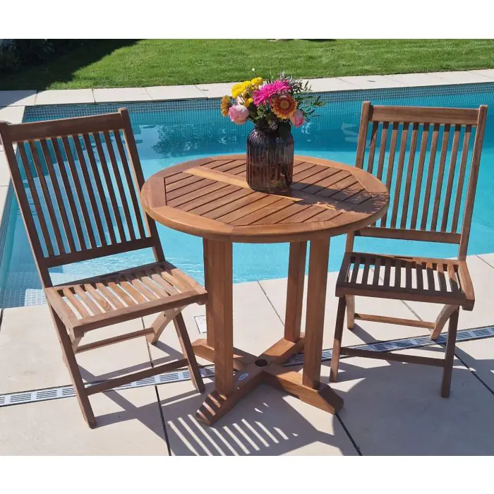 80cm Teak Circular Pedestal Table with 2 Kiffa Folding Chairs - 1