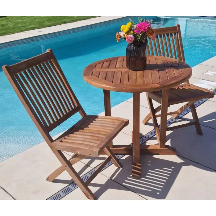 80cm Teak Circular Pedestal Table with 2 Kiffa Folding Chairs - 2